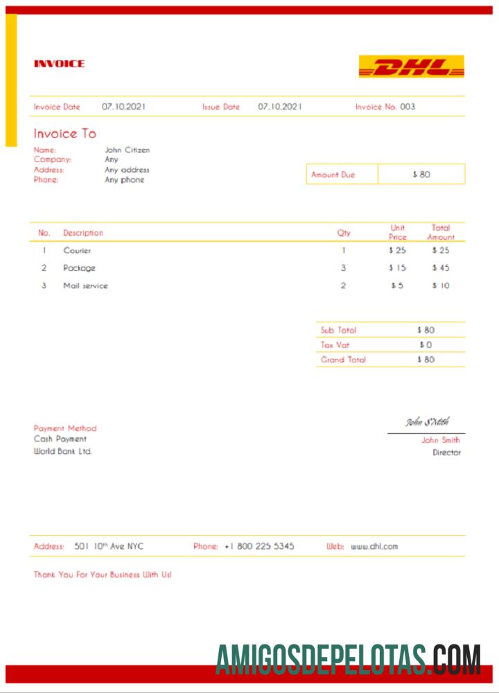 Fatura DHL dos EUA amostra
